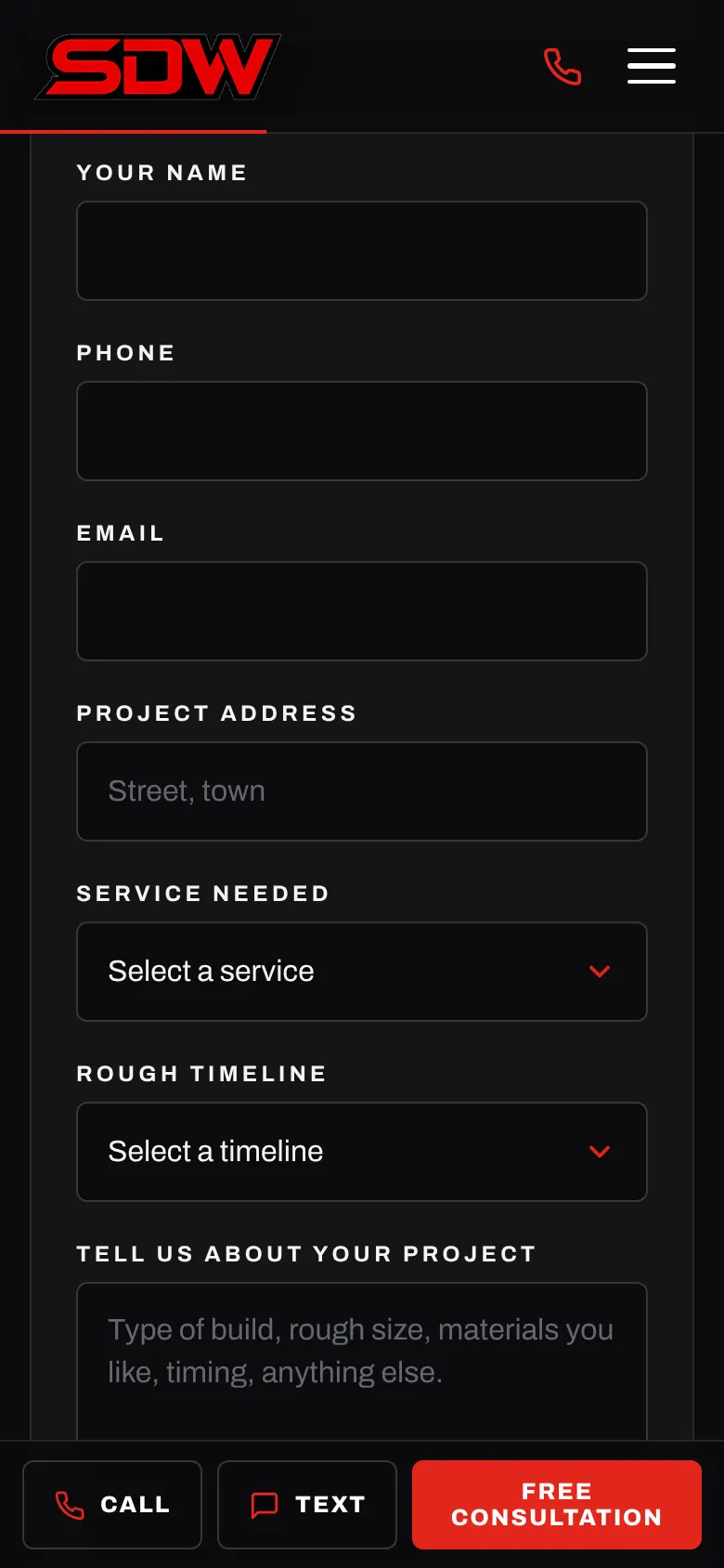 Quote request form on a phone